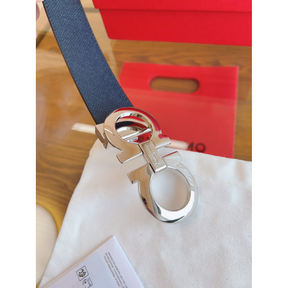 Cinto Salvatore Ferragamo Gancini Couro Granulado Preto Fivela Prata 3,5cm