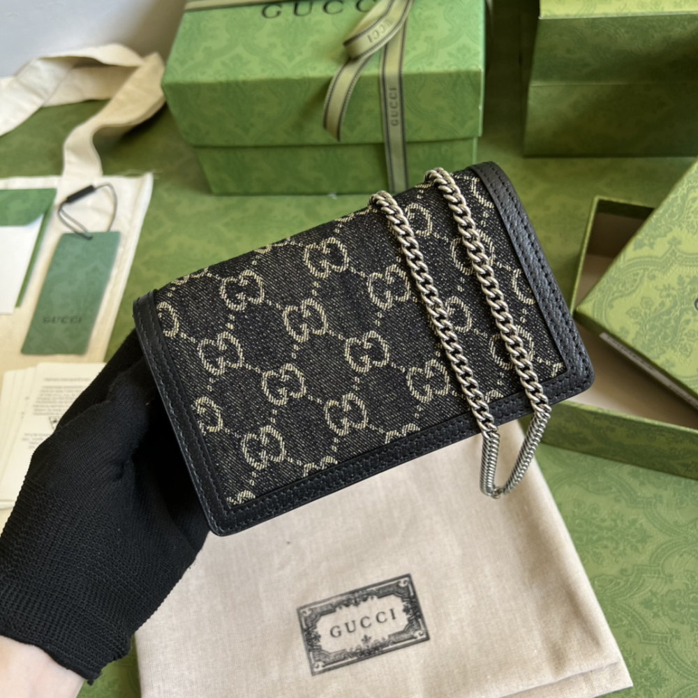 Bolsa Gucci Dionysus Estampa GG Preta Denin Super Mini 16.5x10x4cm