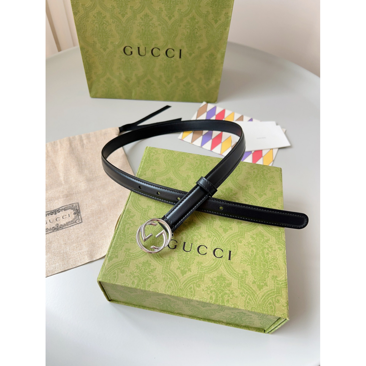 Cinto Gucci Couro Preto Ferragem Prata 2.0cm