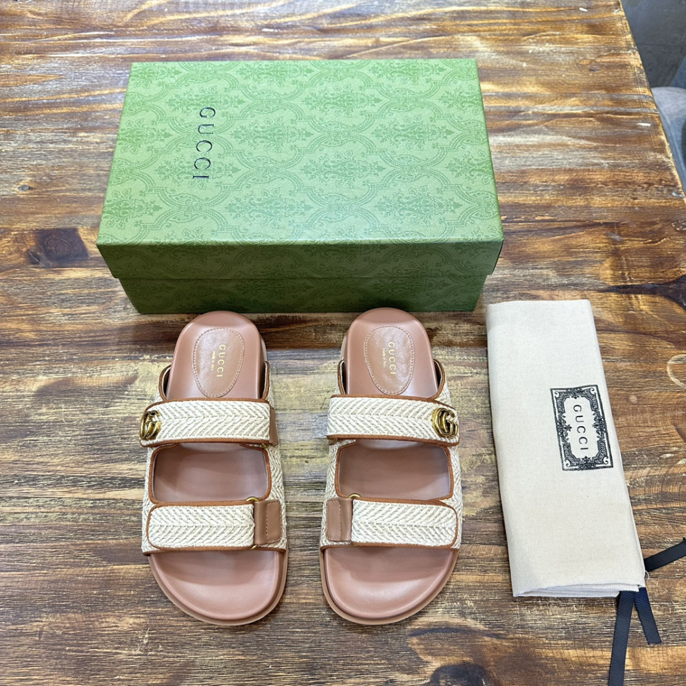 Sandália Gucci Double G-plaque em Raffia Bege