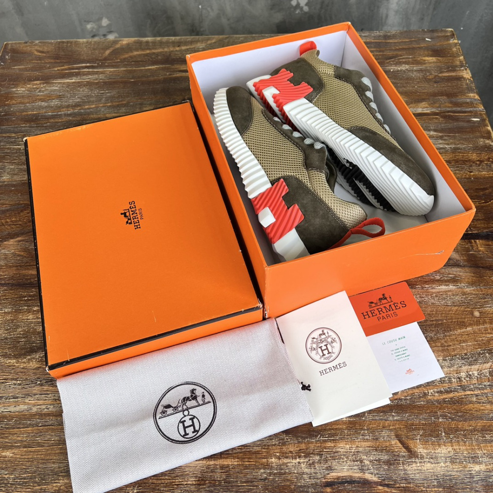 Tênis Hermès Bouncing Couro Verde/Laranja