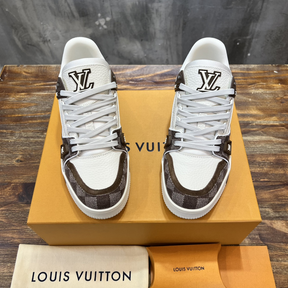 Tênis Louis Vuitton LV Trainer Couro Marrom Canvas Damier