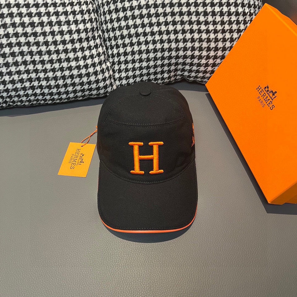 Boné Hermès Baseball Preto/Laranja  Logo H