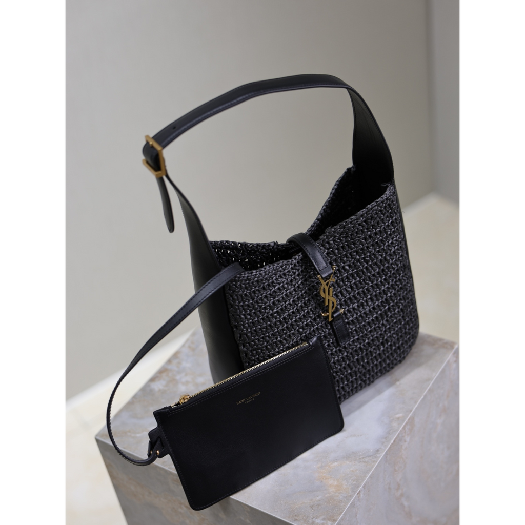 Bolsa Saint Laurent YSL Le 5 à 7 pequena flexivel em Ráfia e Couro Preta 23×22×8.5cm