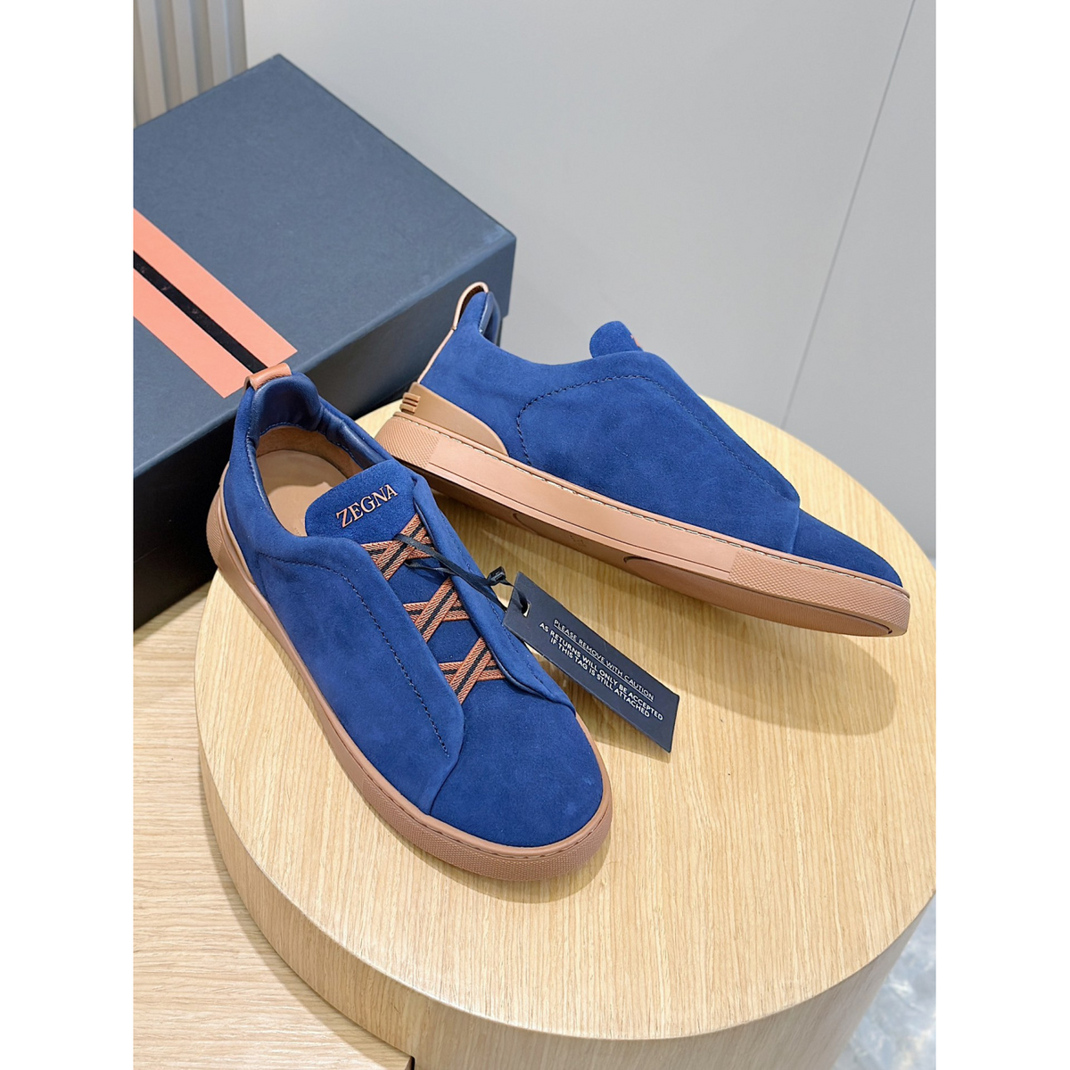Zegna Triple Stitch Secondskin em Camurça Azul/Laranja