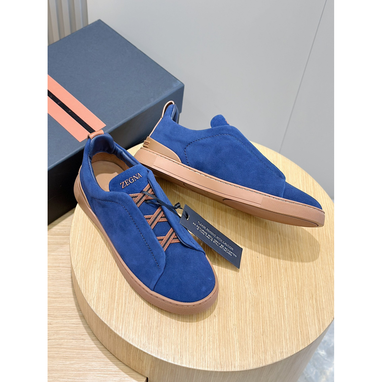 Zegna Triple Stitch Secondskin em Camurça Azul/Laranja