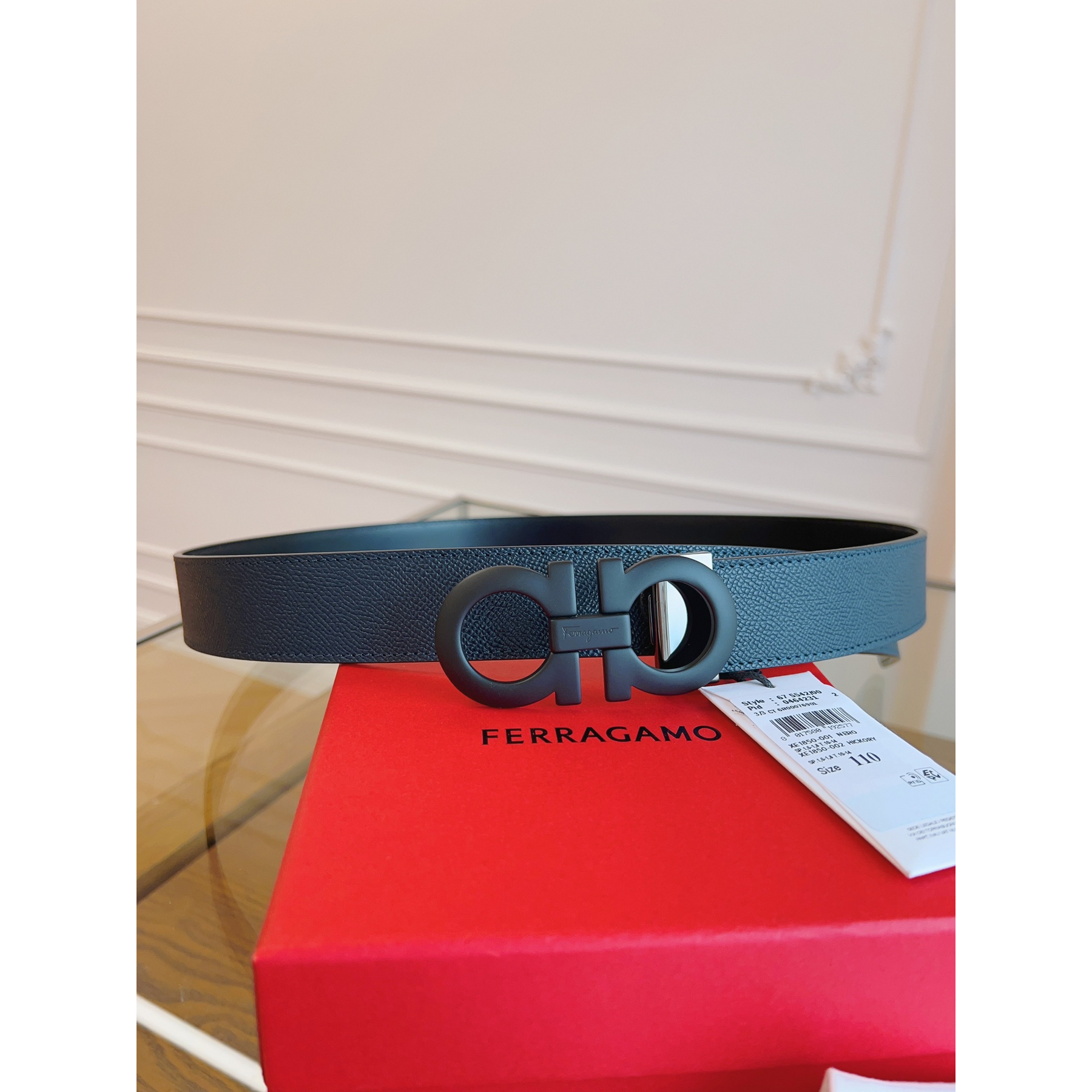 Cinto Salvatore Ferragamo Gancini Couro Granulado Preto Fivela Preto Fosco 3,5cm