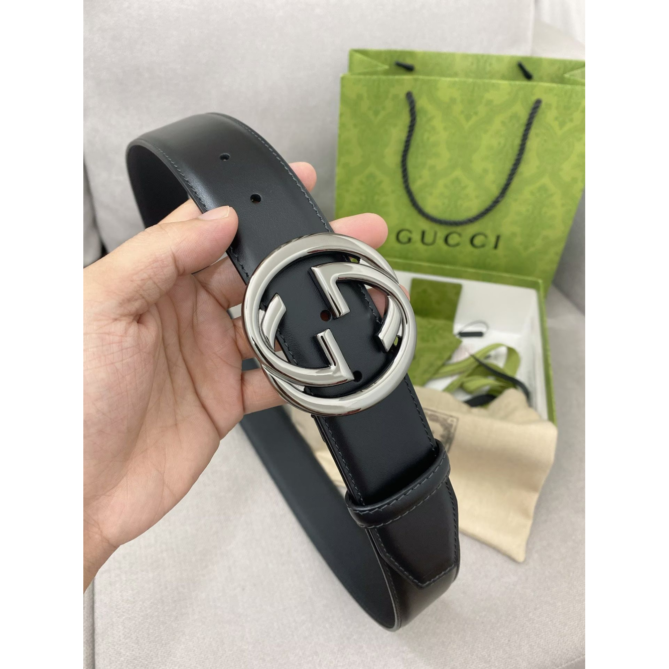 Cinto Gucci Couro Preto Ferragem Prata 4.0cm
