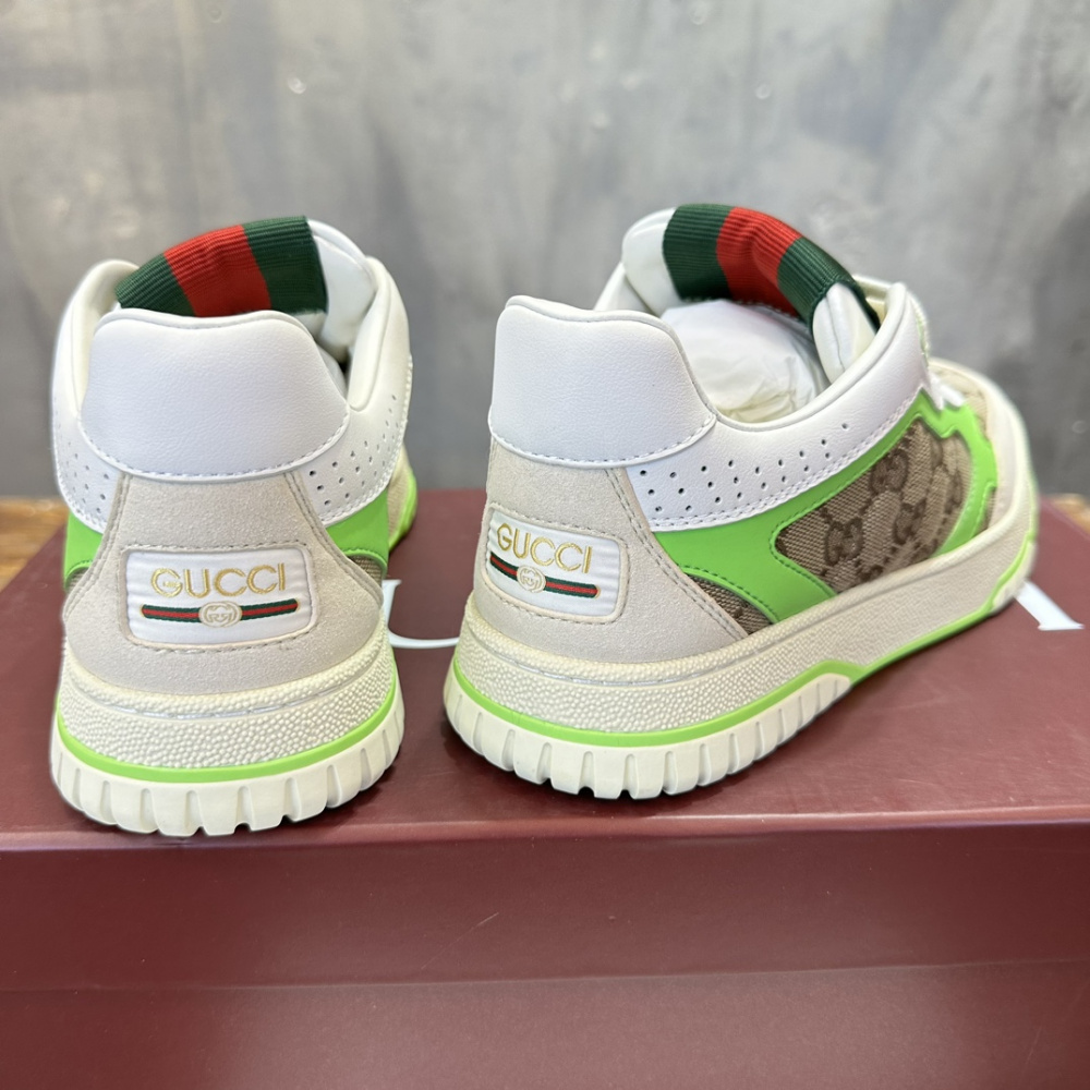 Gucci Sneaker Re-Web GG Canvas detalhe couro verde fluorescente