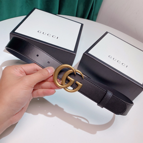 Cinto Gucci GG Couro Preto Ferragem Dourada 3.5cm