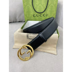 Cinto Gucci Couro Preto Ferragem Dourada 4.0cm