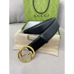 Cinto Gucci Couro Preto Ferragem Dourada 4.0cm