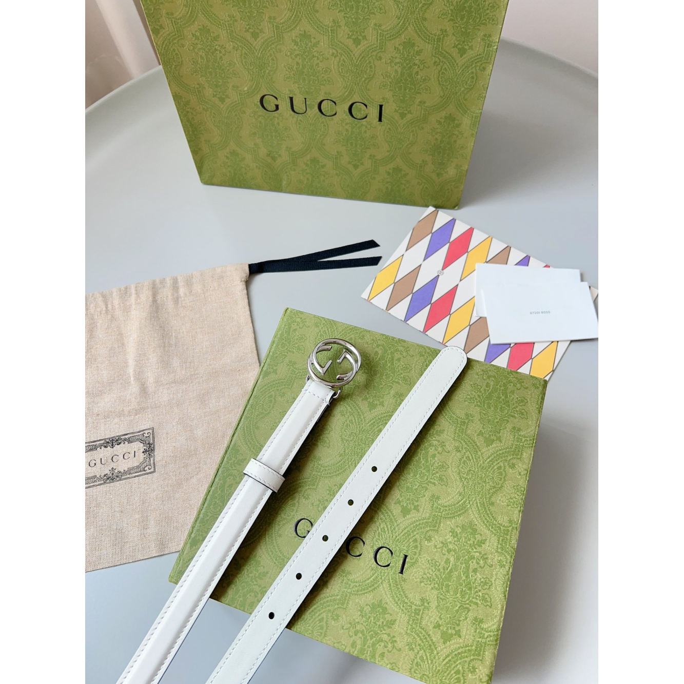 Cinto Gucci Couro Branco Ferragem Prata 2.0cm
