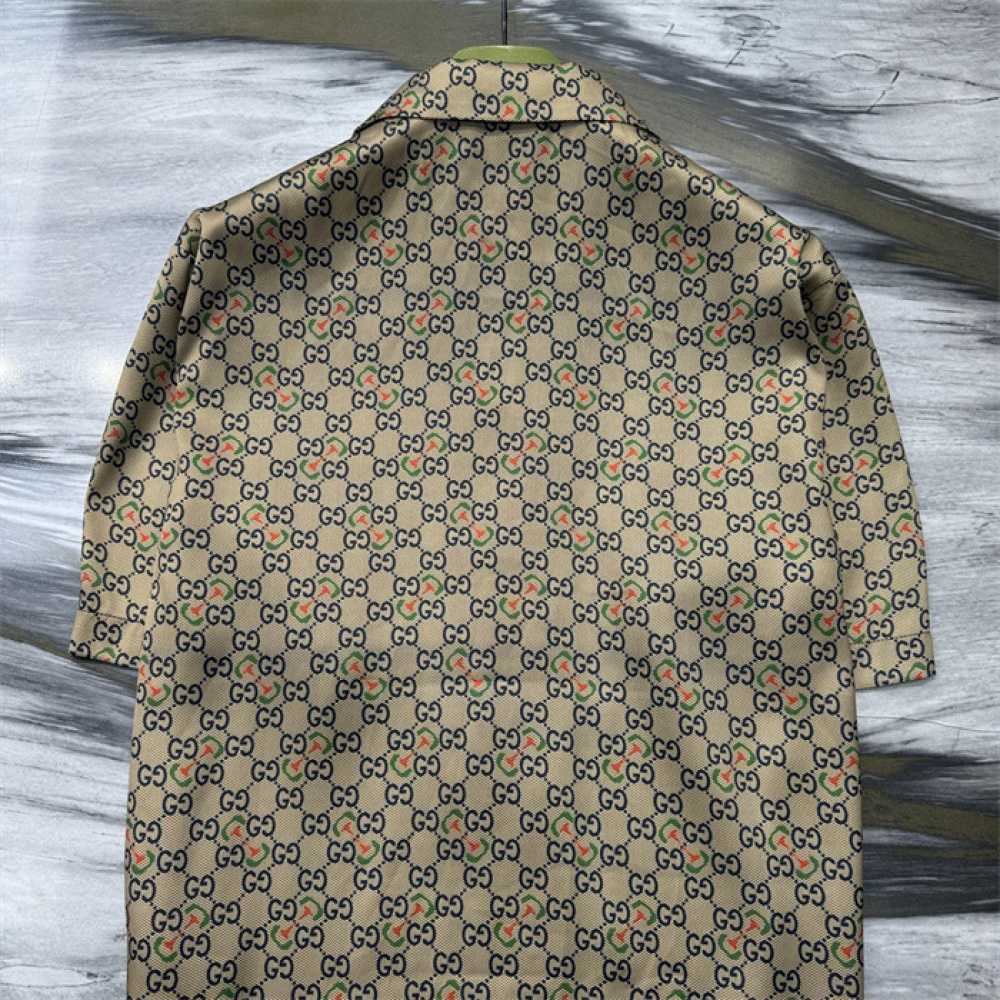 Camisa de Sarja de Seda com Estampa GG Horsebit Camelo e ébano