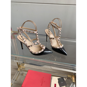 Sandália Salto Valentino Garavani Scarpin Rockstud 11cm Preto/Rosa blush