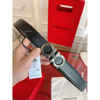 Cinto Salvatore Ferragamo Gancini Couro Liso Preto Fivela Prata 3,5cm