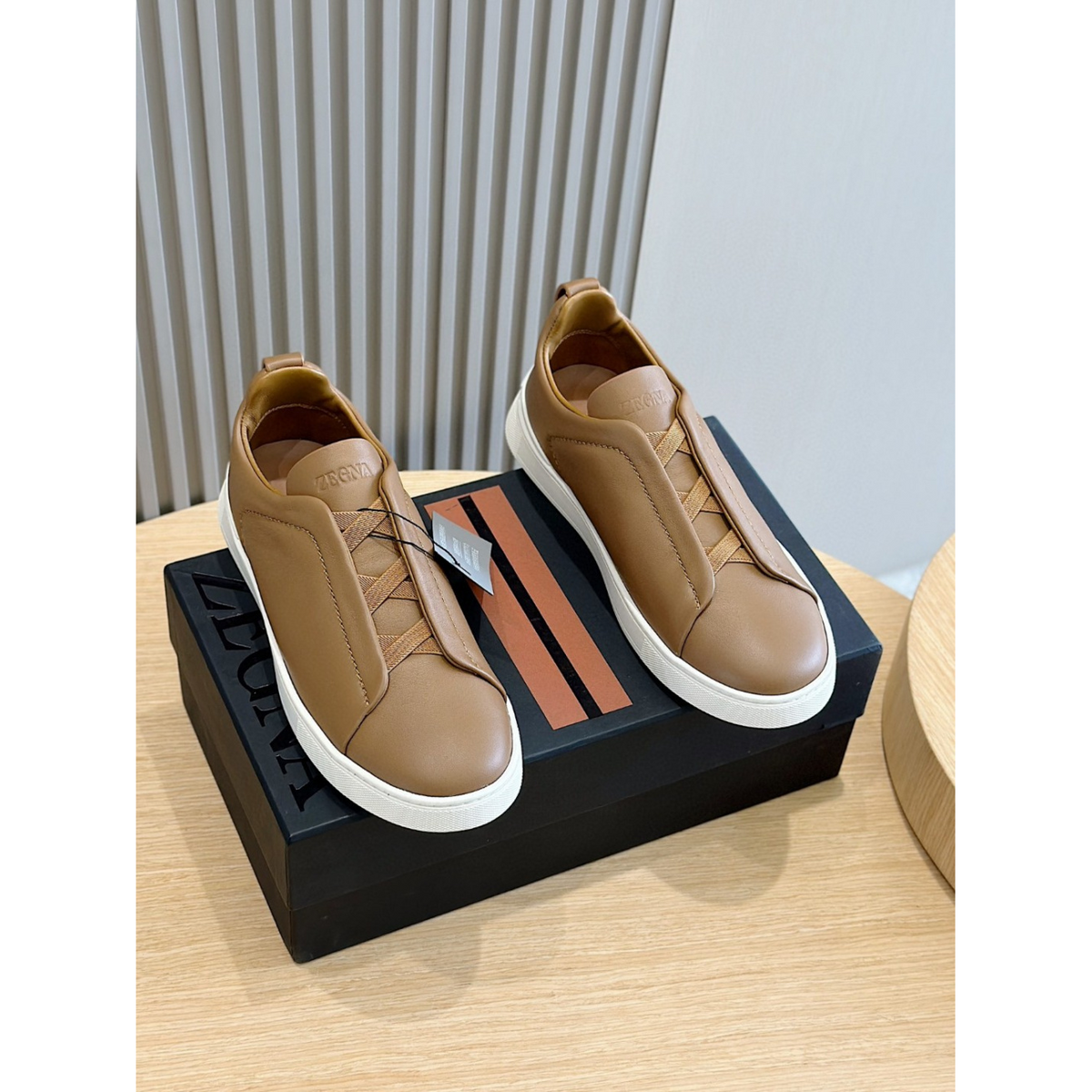 Zegna Triple Stitch Secondskin Couro Marrom Camelo