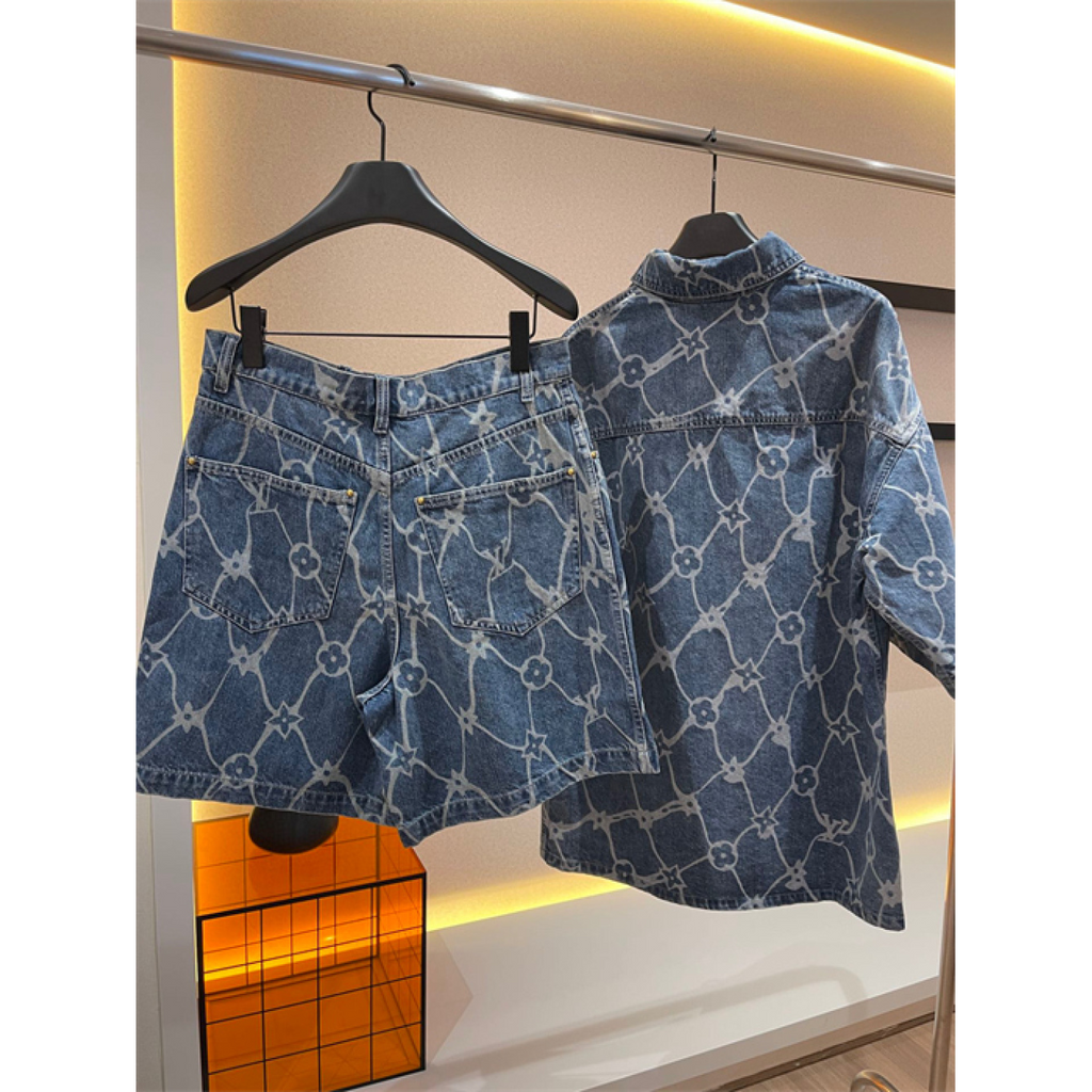 Conjunto Louis Vuitton LV Jaqueta e Bermuda Jeans Monogram Fishnet Azul índigo