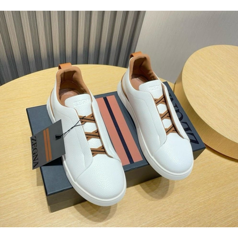 Zegna Triple Stitch em Couro Branco/Laranja