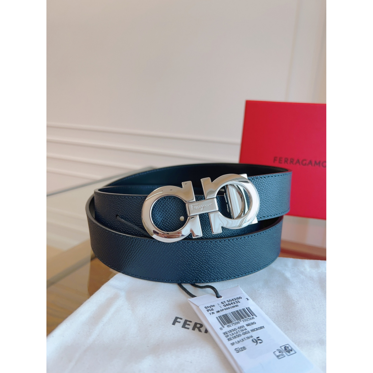 Cinto Salvatore Ferragamo Gancini Couro Granulado Preto Fivela Prata 3,5cm