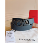 Cinto Salvatore Ferragamo Gancini Couro Granulado Preto Fivela Preto Fosco 3,5cm