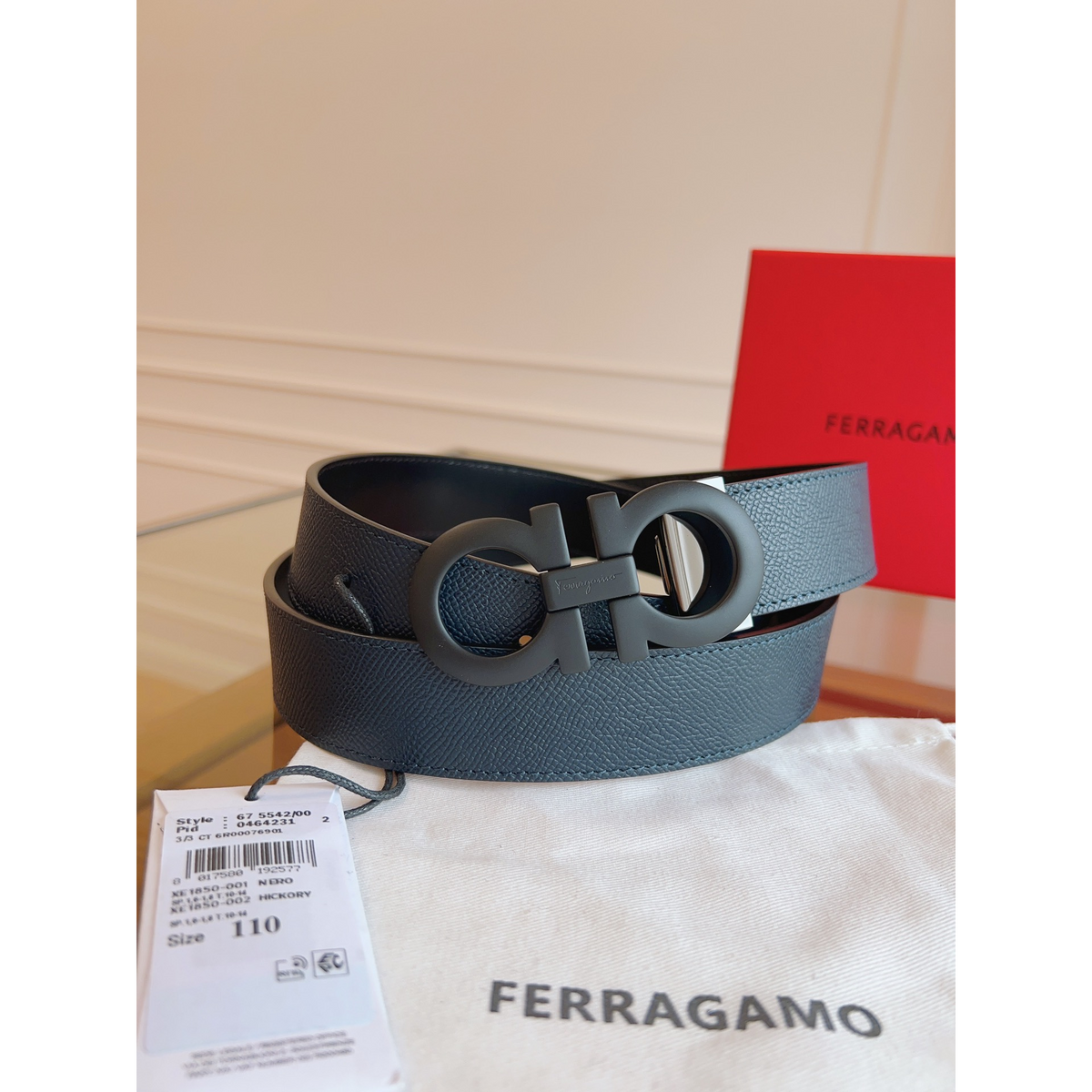 Cinto Salvatore Ferragamo Gancini Couro Granulado Preto Fivela Preto Fosco 3,5cm