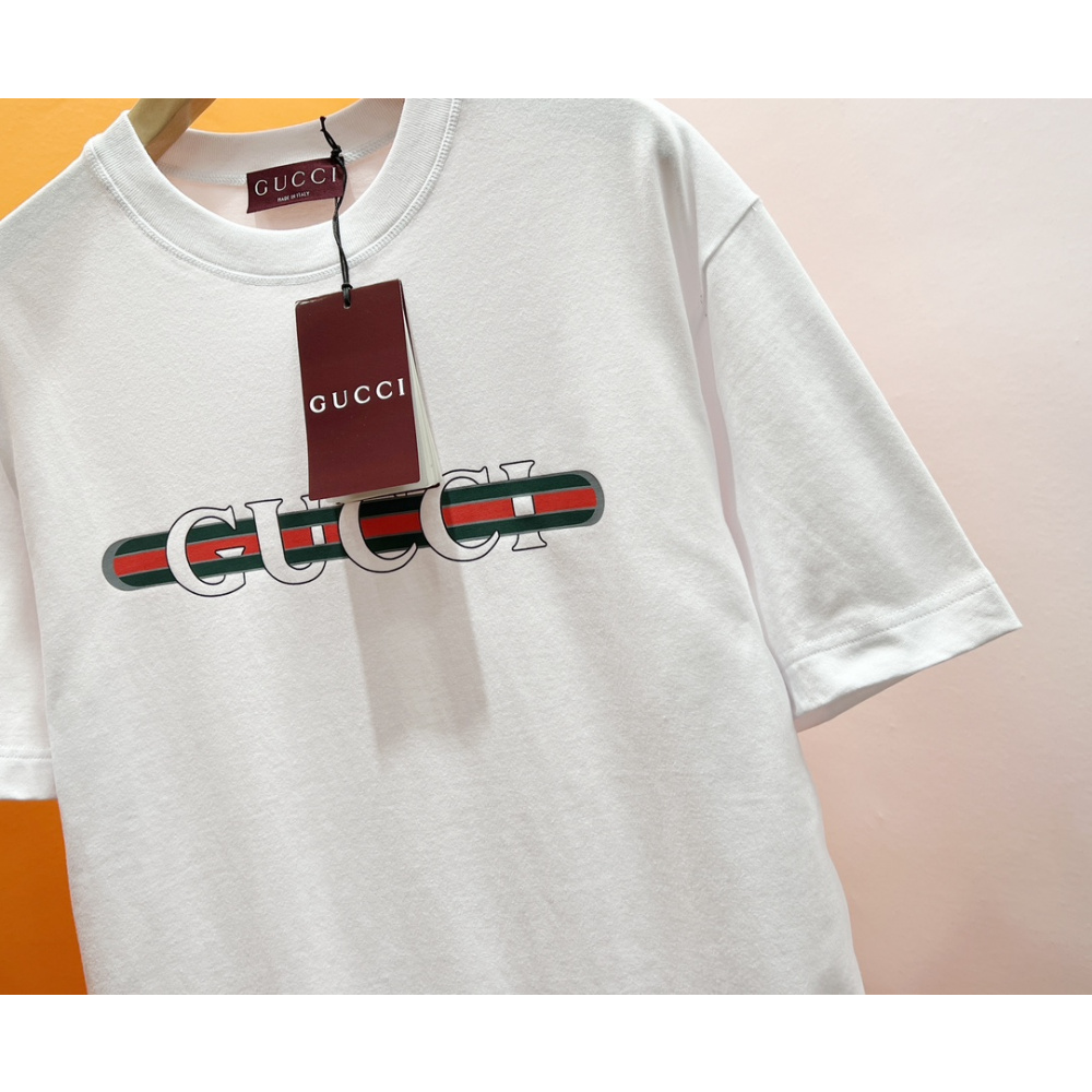 Camiseta de malha de algodão estampada Gucci Web Branca