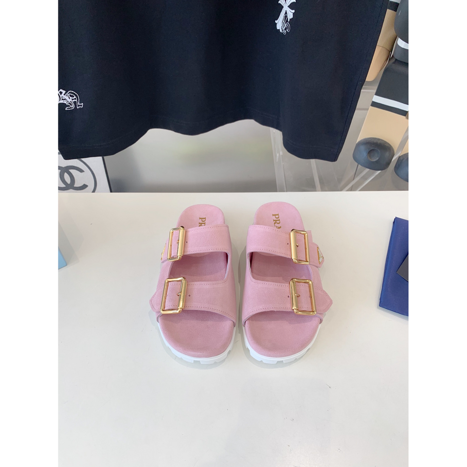 Sandália Prada Slide com tira em Camurça Rosa