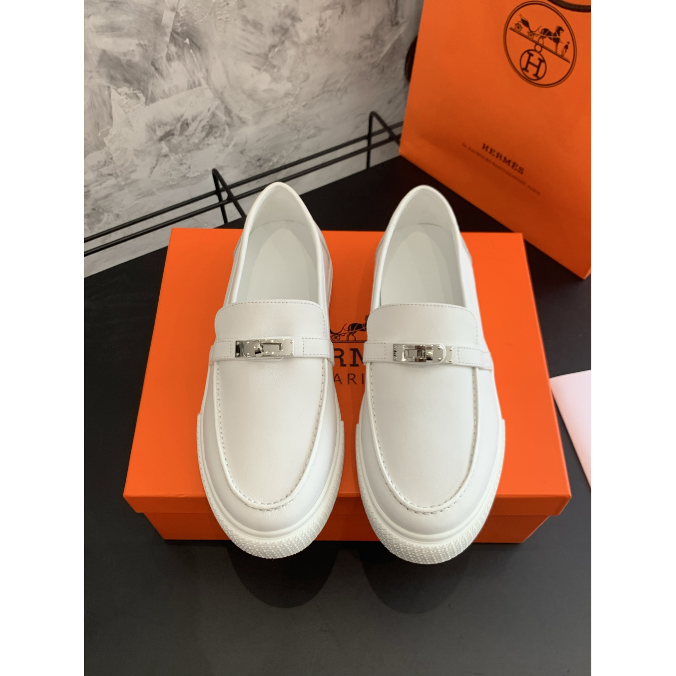 Tênis Hermès Slip-On Game em Couro Liso Branco
