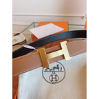 Cinto Hermès Constance e Correia Reversível em Couro 3.8cm Preto/Caramelo Ferragem Dourada