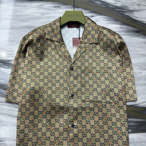 Camisa de Sarja de Seda com Estampa GG Horsebit Camelo e ébano