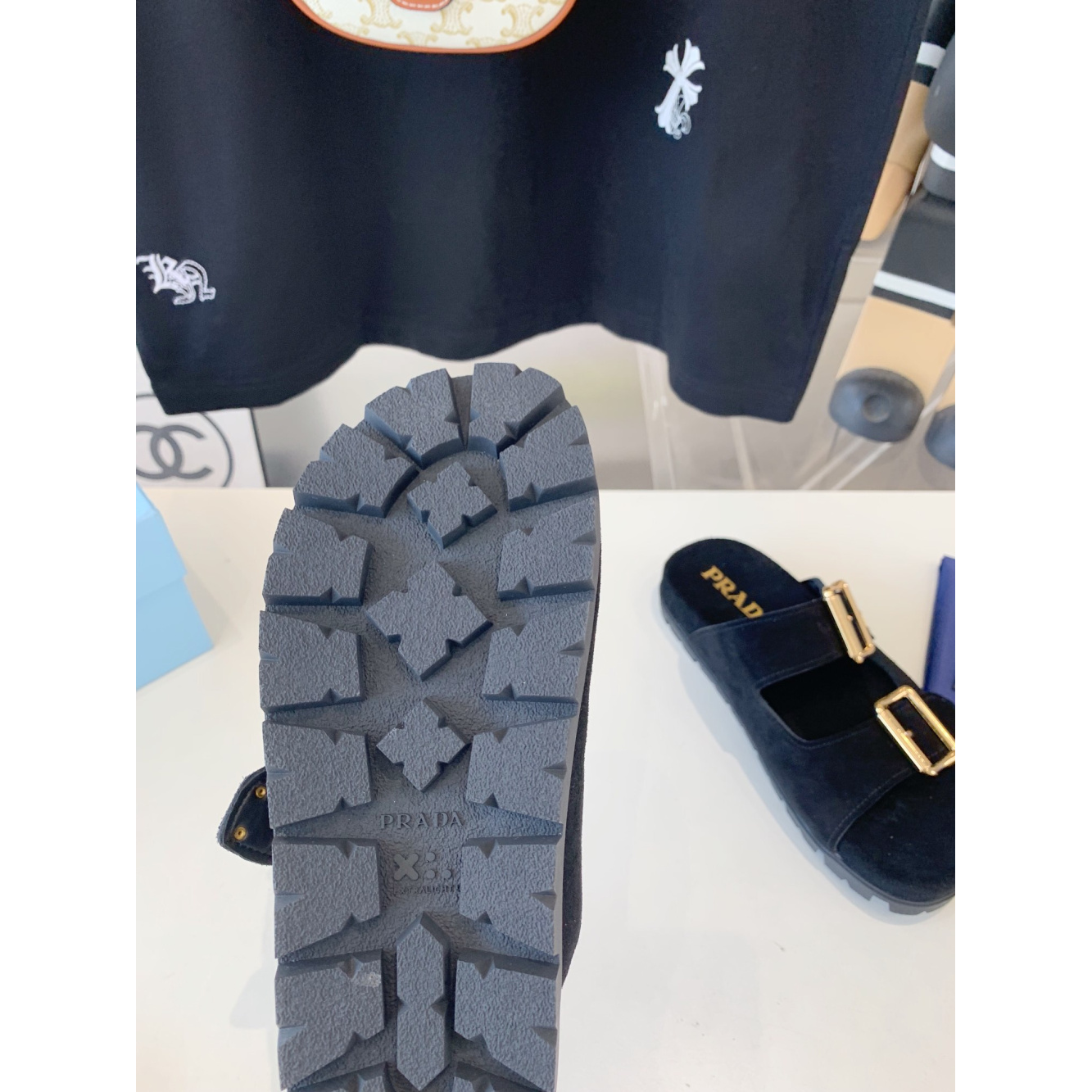 Sandália Prada Slide com tira em Camurça Azul