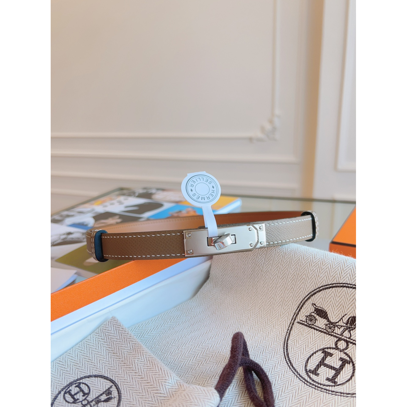 Cinto Hermès Kelly em Couro Marrom com Fivela Kelly Prata 1.8cm