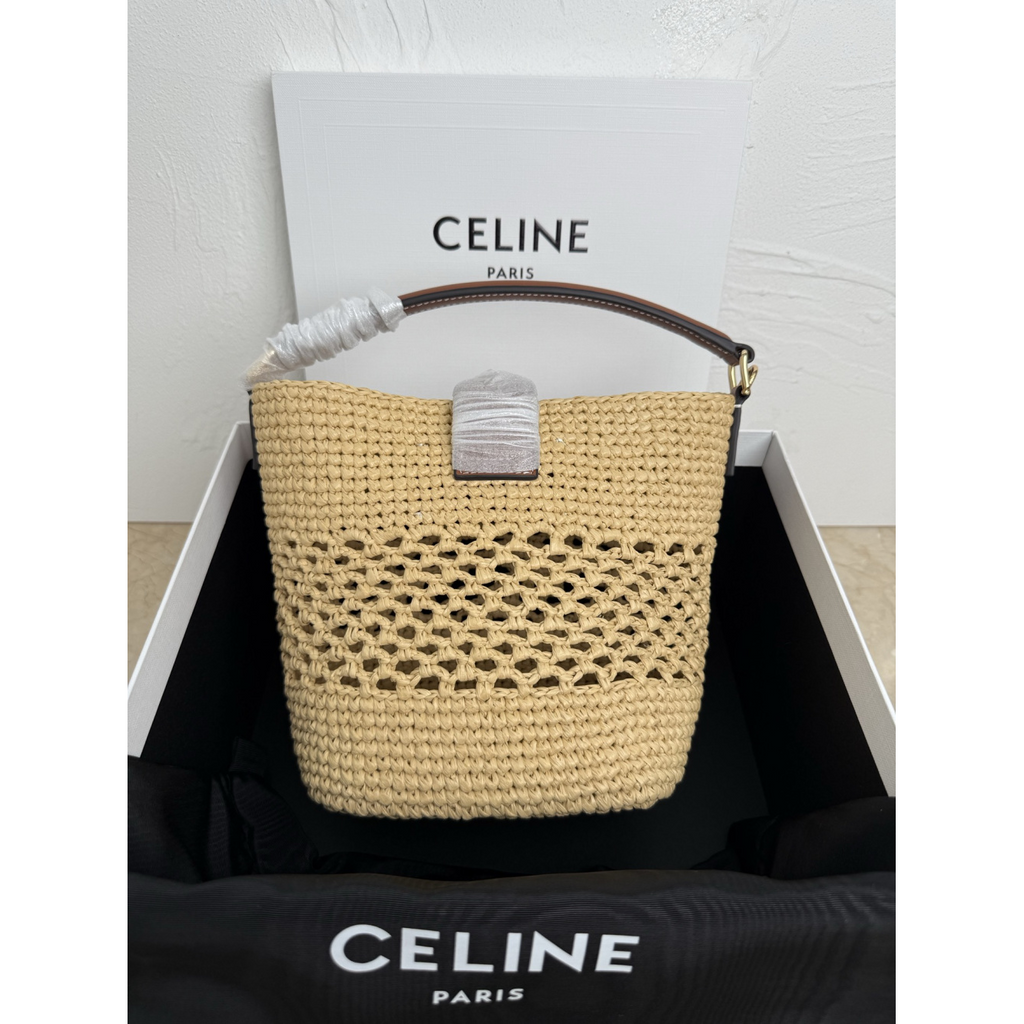 Bolsa Celine Bucket Louise Pequena em Ráfia e Couro 16x19x12cm