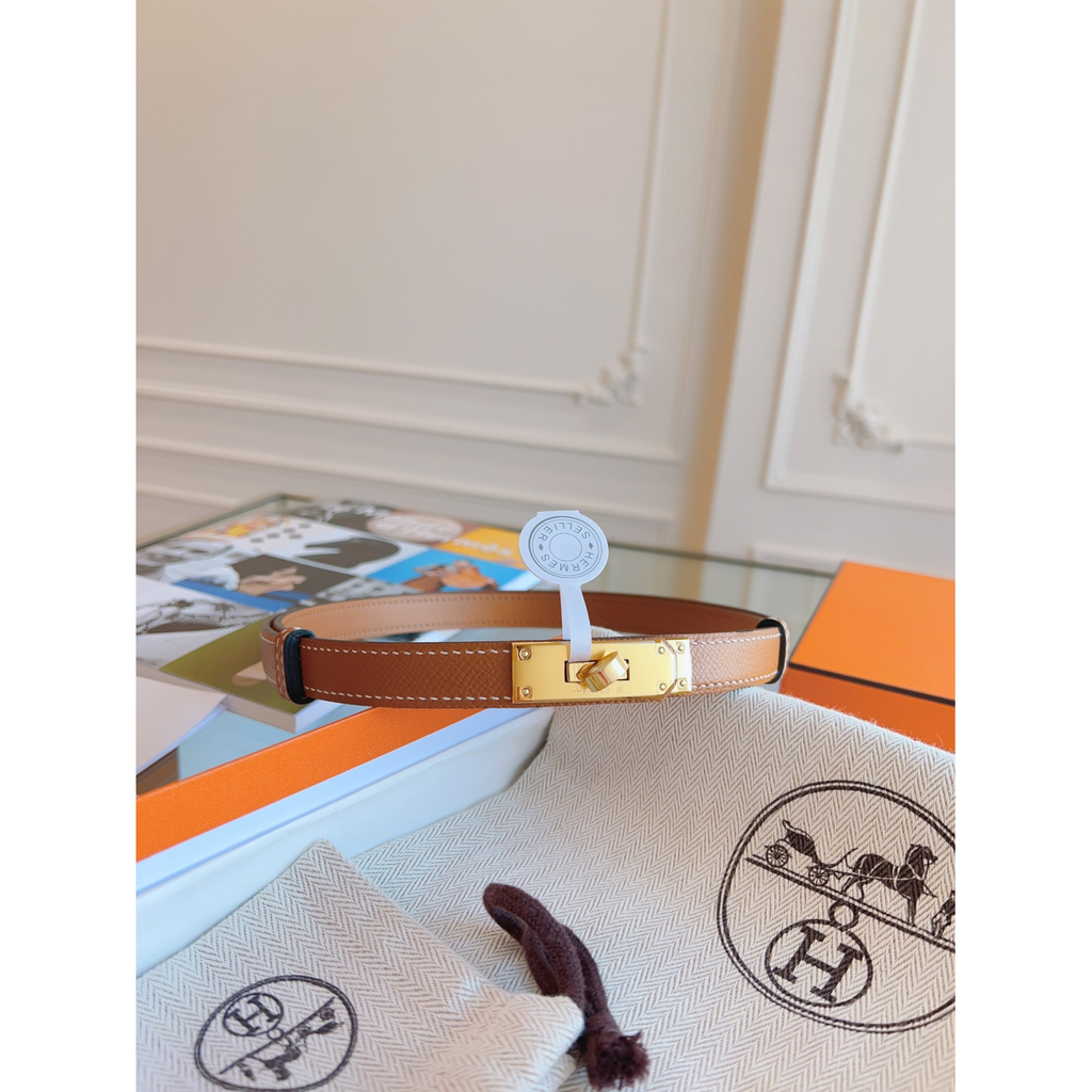 Cinto Hermès Kelly em Couro Caramelo com Fivela Kelly Dourada 1.8cm