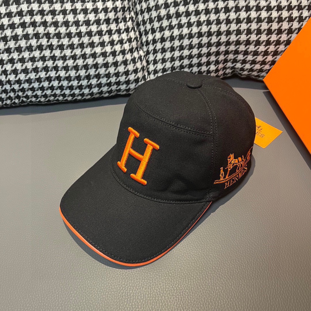 Boné Hermès Baseball Preto/Laranja  Logo H