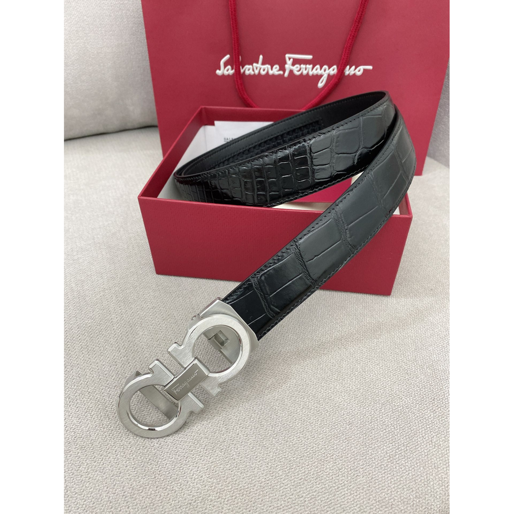 Cinto Salvatore Ferragamo Gancini Couro Croco Preto Fivela Prata 3,5cm