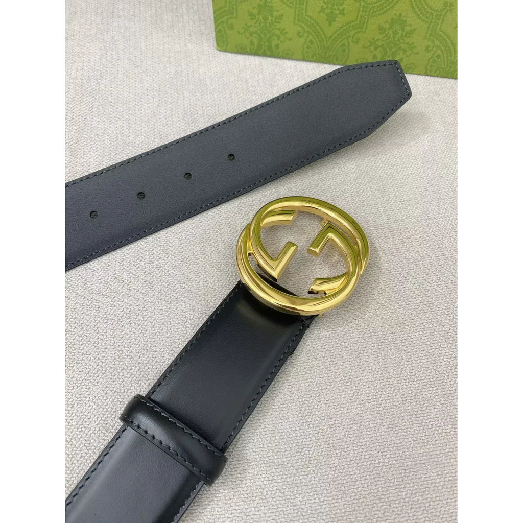 Cinto Gucci Couro Preto Ferragem Dourada 4.0cm