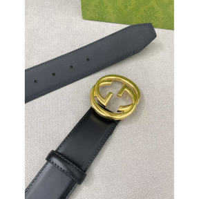 Cinto Gucci Couro Preto Ferragem Dourada 4.0cm