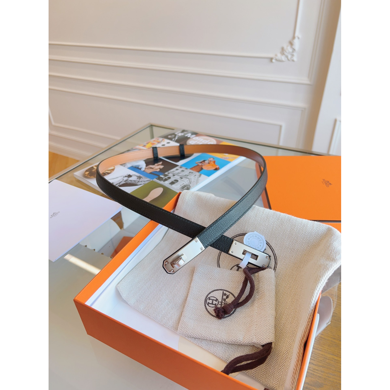 Cinto Hermès Kelly em Couro Preto com Fivela Kelly Prata 1.8cm