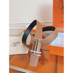 Cinto Hermès Reversível em Couro Marrom e Fivela H Au Carré Prata 3.2cm