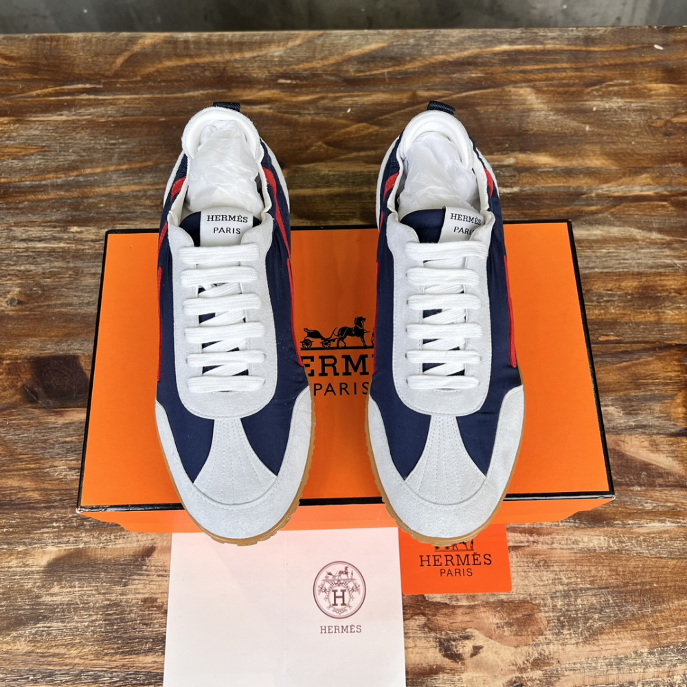 Tênis Hermès Jet em Lona técnica e camurça Azul/Vermelho