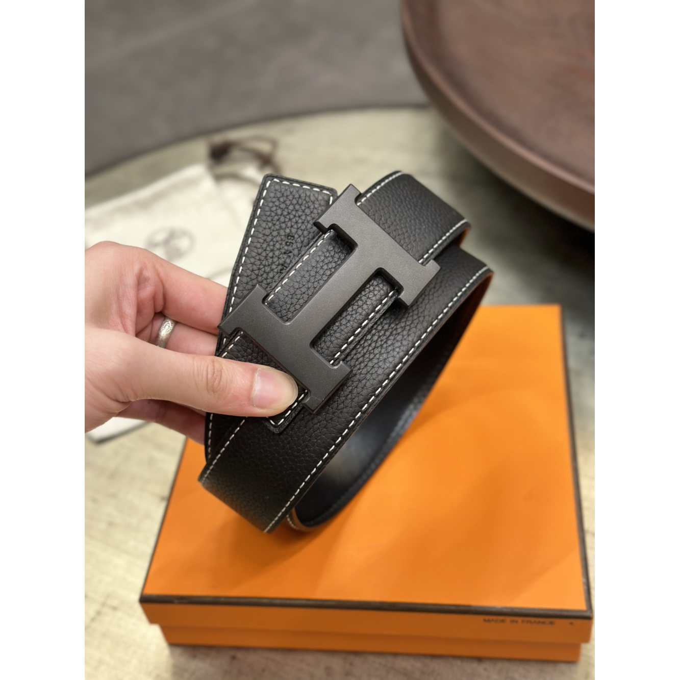 Cinto Hermès Constance e Correia em Couro 3.8cm Preto Ferragem Preta